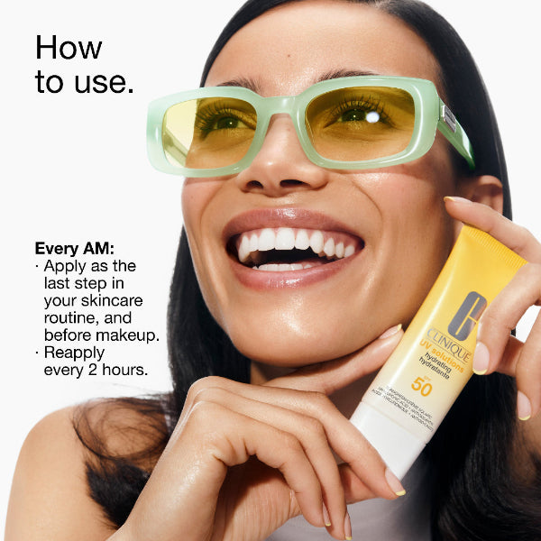 Woman with a Clinique sunscreen  and sunglasses on, text on how to use.